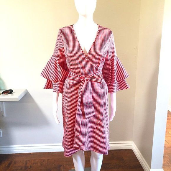CHARLES HENRY RED & WHITE CHECKED FAUX WRAP DRESS WITH BELL SLEEVES SIZE… - Picture 1 of 4